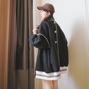 韩版宽松慵懒风棒球服呢子大衣女2021新款冬装学生黑色毛呢外套潮