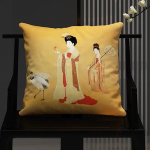 抱枕簪花仕女图中式中国风亚麻客厅沙发红木椅子亚麻名画靠垫靠枕