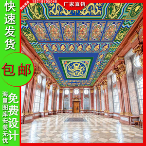 寺庙吊顶壁纸彩绘花纹墙纸横梁壁画廊柱天花板佛堂大厅古建筑墙布