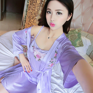 2024新品印花睡裙女夏季性感冰丝薄款吊带裙+外袍两件套裙装紫色
