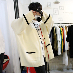 APM韩国正品男装代购中长款撞色造型嘻哈大码V领跨肩针织开衫外套