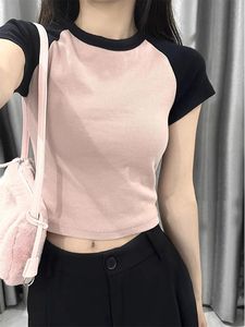 撞色拼接粉色短袖t恤女生2024年夏季新款上衣韩版修身小众设计感