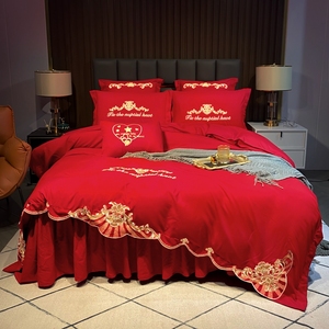 定制大红色婚庆结婚四件套床上用品15m18米床单床裙床罩被套龙凤