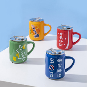 创意新款高颜值可乐汽水易拉罐陶瓷马克杯带盖办公咖啡杯家用水杯
