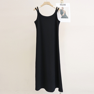 黑色吊带连衣裙女夏季新款双肩带修身设计感背心无袖垂感打底长裙