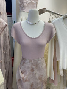十三行夏装女新款韩系气质珍珠短袖毛针织衫性感修身显瘦圆领上衣