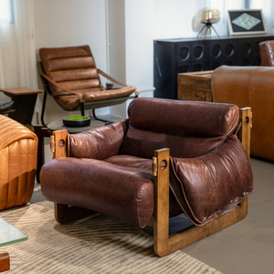 法式中古风设计师单人沙发椅真皮客厅家用休闲躺椅复古实木阅读椅