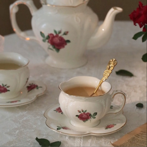 法式复古玫瑰下午红茶杯碟 茶具 咖啡杯碟欧式宫廷风新骨陶瓷英式