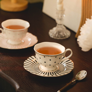 法式 骨瓷经典波点条纹咖啡杯碟 复古下午茶具茶杯小碟 花茶ins