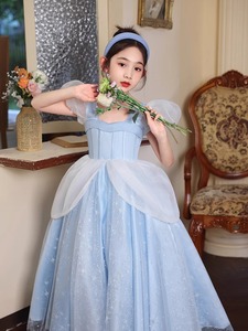 女童高端生日礼服蓝色洋气儿童主持人钢琴演出服公主裙花童秋冬季