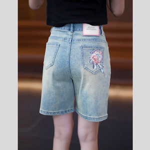 五分牛仔短裤女夏季薄款2024年新款高腰宽松直筒刺绣阔腿女式中裤