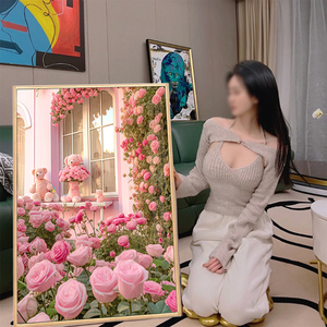 玫瑰小熊钻石画2023新款满钻带框梦幻唯美花卉客厅卧室简约手工贴