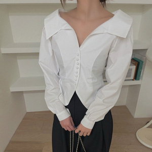 白色衬衫女春日新款法式别致上衣气质翻领露锁骨短款复古条纹衬衣