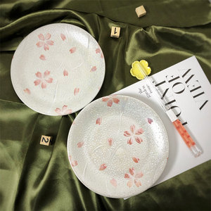 尚陶屋 日本进口陶瓷器美浓烧平盘餐具樱花盘子 釉下彩珍珠釉工艺