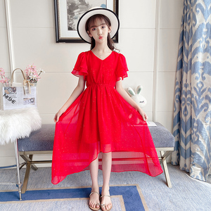 女童短袖雪纺连衣裙夏季新款儿童洋气红色公主裙女孩过膝长裙子潮