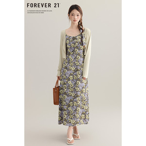 Forever21 小众复古碎花绑带吊带连衣裙女夏季薄款长袖开衫两件套