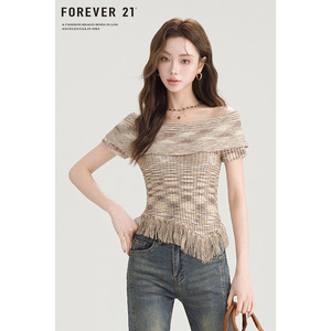 Forever21 法式时髦扎染一字领露肩流苏针织衫女夏季新款短款上衣