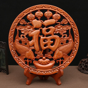 天然桃木双鱼福字平安富贵圆形实木雕中国结摆挂件客厅家居装饰品