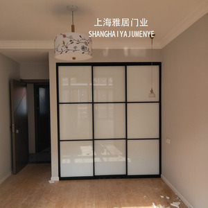 上海黑色窄边衣柜门超白钢化玻璃门现代简约衣帽间推拉门定制