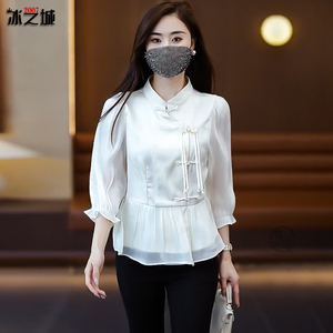 新中式衬衫女2024春夏国风新款立领小个子洋气小衫上衣七分袖衬衣