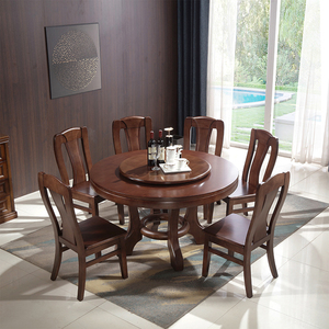 全实木餐桌圆桌家用圆形带转盘现代中式餐厅桌椅组合6人8人小户型