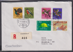 9675 瑞士1968 邮票 鸟类套票 挂号实寄 松鸡 林伯劳 火冠戴菊