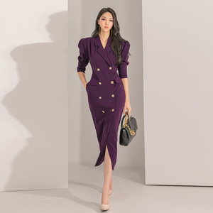 欧韩女装新款紫色西装裙韩版秋冬御姐范职业气质长款双排扣连衣裙