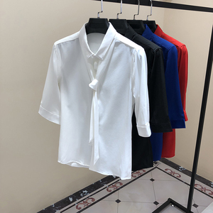夏季白色衬衫男士薄款冰丝坠感短袖领带衬衣长袖2020新款光滑料寸