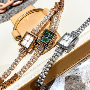 韩国TT小香中古珍珠手链手表女士高档奢华镶钻方形高级感珠宝腕表
