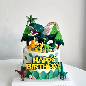 张大嘴绿色恐龙男孩生日蛋糕装饰奔跑霸王龙烘焙摆件森林小树插件