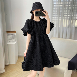 黑色设计感短袖连衣裙女夏季2024新款韩版宽松大码高腰A字裙短裙