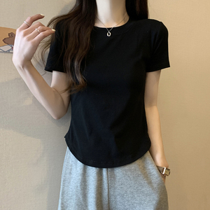 纯色弧形短款圆领短袖T恤女2024夏韩版小众设计感修身打底衫上衣