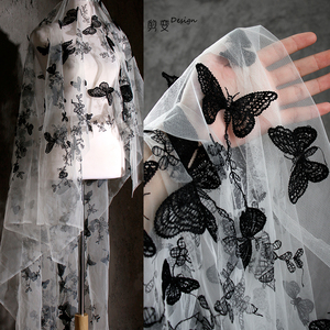 黑色大蝴蝶刺绣蕾丝布料创意上衣连衣裙网纱礼服装剪变设计师面料