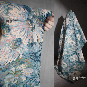 莫奈的画布料创意印象派复古文艺向日葵提花服装连衣裙设计师面料