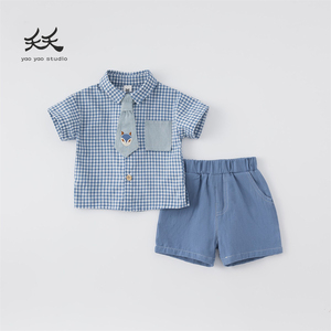yaoyao夏季休闲男童小西服衬衫两件套假领带格子百搭儿童套装