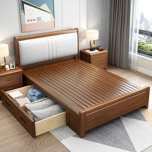 单人床一米二五八全实木抽屉储物1米儿童小床135cm宽的1.8主卧大