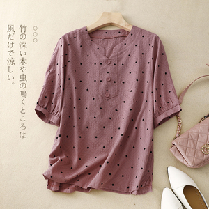 日系出口外贸高端女装夏季圆点提花宽松纯棉衬衫复古文艺短袖上衣