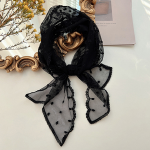黑色蕾丝刺绣围巾领巾女洋气时尚洋气百搭长条纯色薄款装饰小丝巾