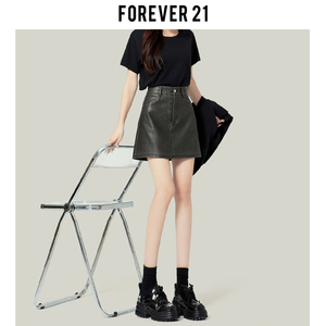 Forever21深灰色百搭小皮裙高腰女春季新A字裙显瘦PU裙包臀短裙子