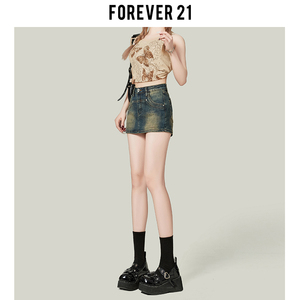 Forever21复古蓝A字牛仔裤裙女美式高腰显瘦超短裤辣妹包臀热裤子