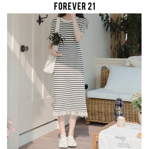 Forever 21流苏条纹针织连衣裙女2024年春季撞色休闲短袖中长裙子