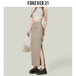 Forever21辣妹侧开叉半身裙女高腰褶皱包臀西装裙灰色A字中长裙子