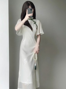 新中式改良旗袍仙女裙夏装大码胖mm高级感收腰显廋气质雪纺连衣裙