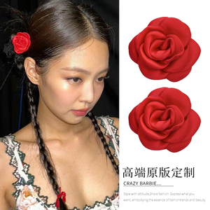 Jennie同款红色玫瑰花朵山茶花发夹明星头饰法式复古高级感发饰女