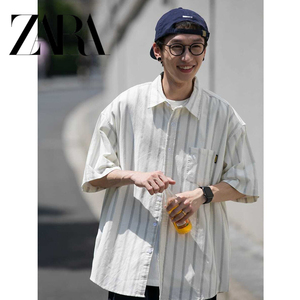 ZARA代购复古白色条纹短袖衬衫男夏季新款宽松半袖衬衣休闲薄外套