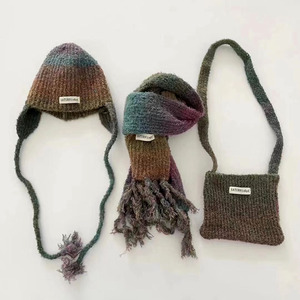冬季马海毛亲子手工帽波西米亚风围巾挂包女童保暖护耳小辫毛线帽