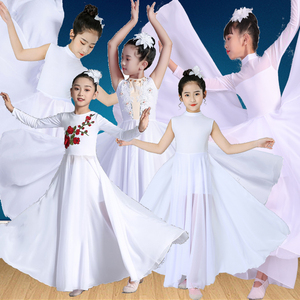 儿童白色运动会舞蹈演出服装练功练习大摆裙开场舞表演服装大合唱