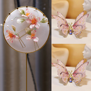 新中式甜美樱花粉色丝绒花朵发簪套装原创简约汉服晨袍秀禾服饰品
