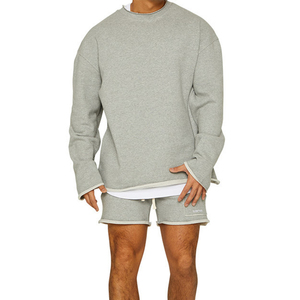运动健身男长袖短裤套装纯棉欧美式潮牌训练卫衣套头跑步上衣毛边