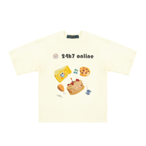 24h7online卡通蛋糕可爱数码印花圆领短袖夏季男女休闲棉情侣T恤